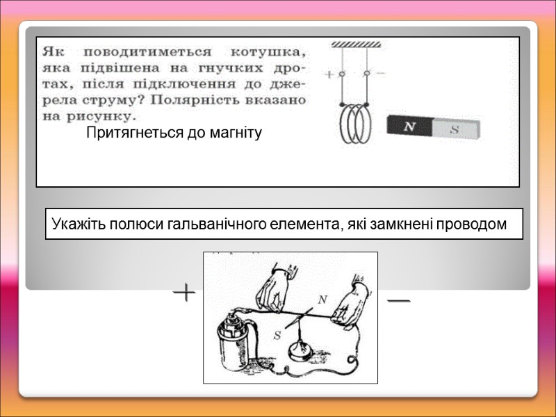 Притягнеться до магніту Укажіть полюси гальванічного елемента, які замкнені проводом